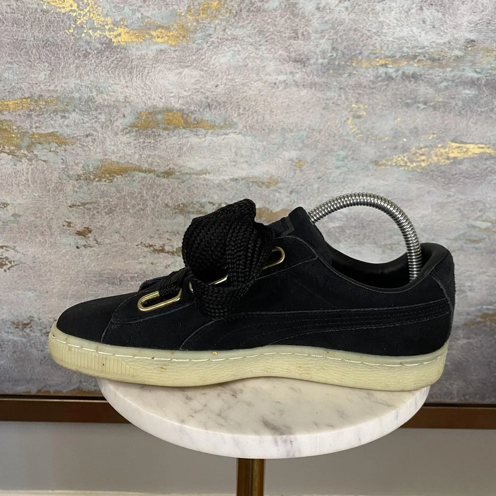 PUMA Suede Shoes Womens Size 8 Black Leather Wide Lace Low Top Sneakers